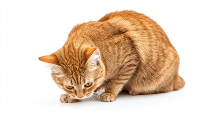 Shocked ginger cat crouching on a white background with space for text emphasizing feline expressions and emotions in a minimalist setting