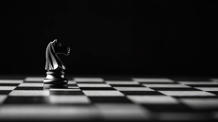 Close up of a black chess knight piece on a checkered board with dark background and ample empty space for text or branding purposes