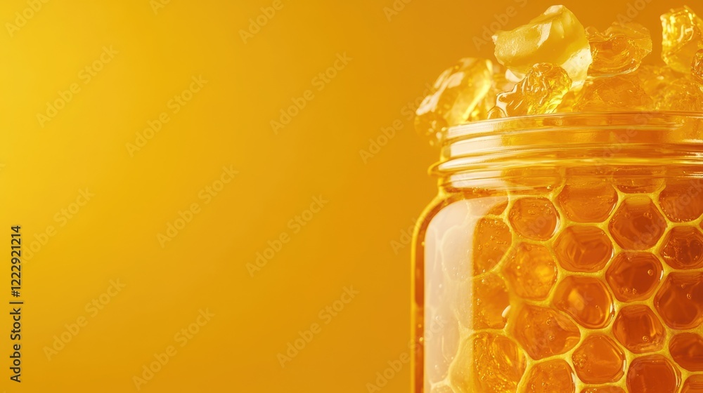 Aufkleber Close up of a jar filled with honeycomb and honey against a vibrant yellow background with space for text or branding elements