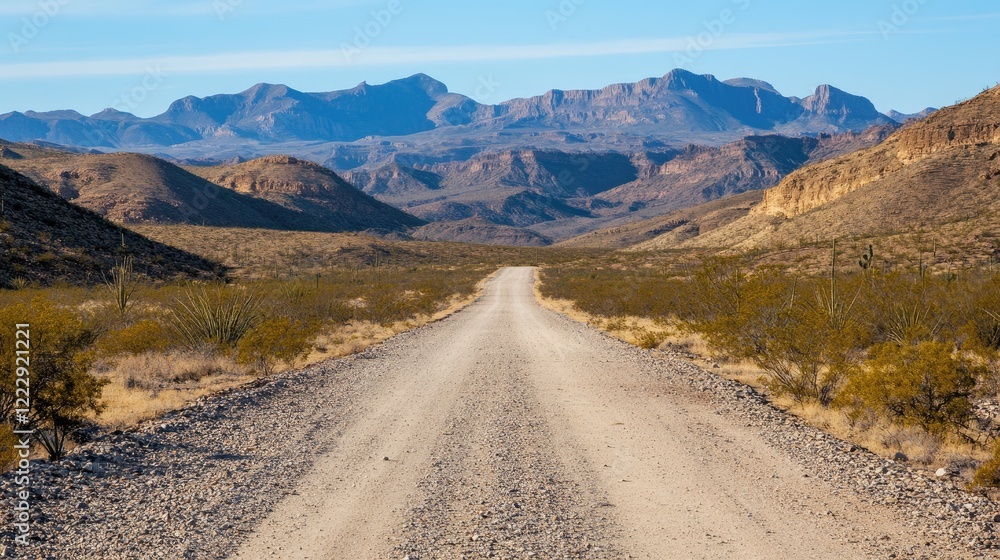 Poster mountain road leading through a desolate landscape with clear skies and expansive empty space for te
