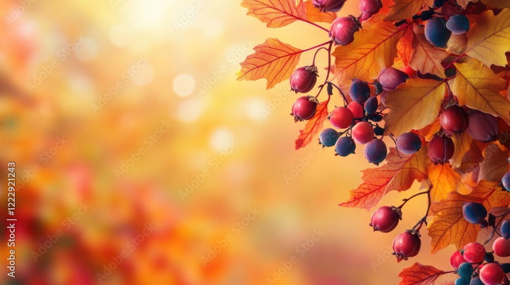 Poster vibrant autumn tree leaves and fruits with soft focus background and blank space for text or adverti