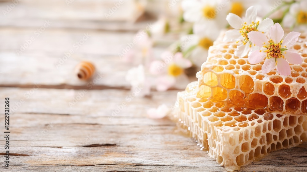Aufkleber Close Up of Honeycomb and Nectar with Delicate Flowers on Rustic Wooden Table Empty Space for Text or Branding