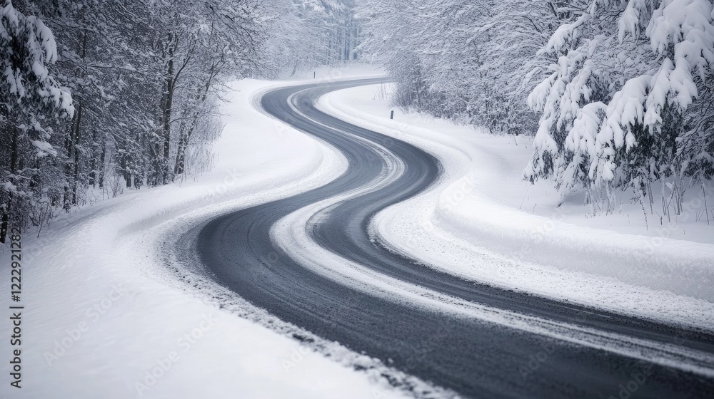 Aufkleber winding desolate road through a snowy landscape with ample empty space for text or overlays during w