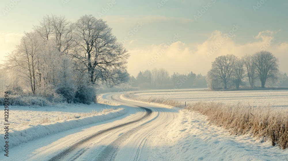 Poster winding snowy road through a tranquil winter landscape with frosted trees and vast empty space for t