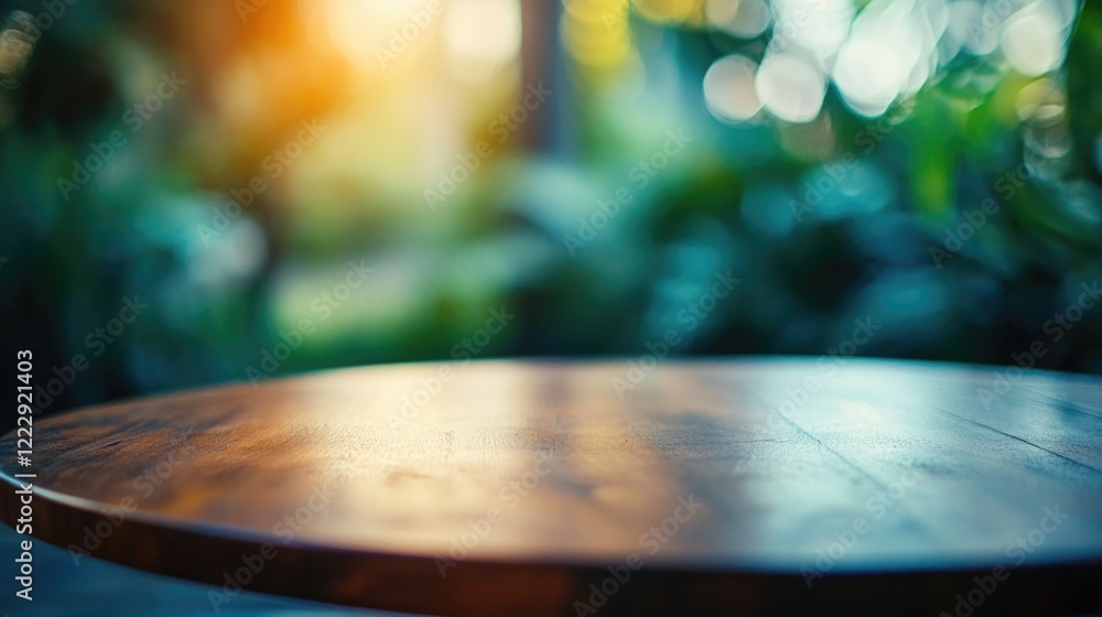 Poster Elegant round wooden table in soft natural light with blurred greenery background ideal for showcasing text or product placement.