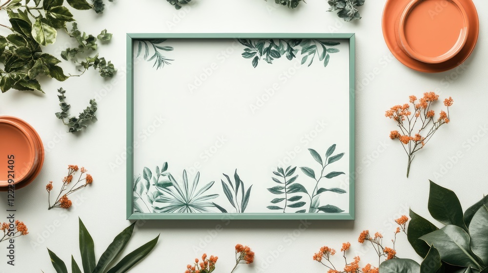 Poster styled overhead view of a desktop frame mockup surrounded by greenery and decorative plates ideal fo