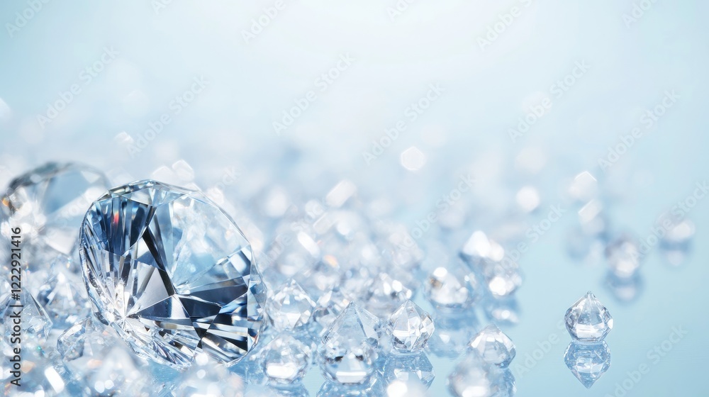 Poster elegant reflections of crystal diamonds on a light blue background with empty space for custom text 