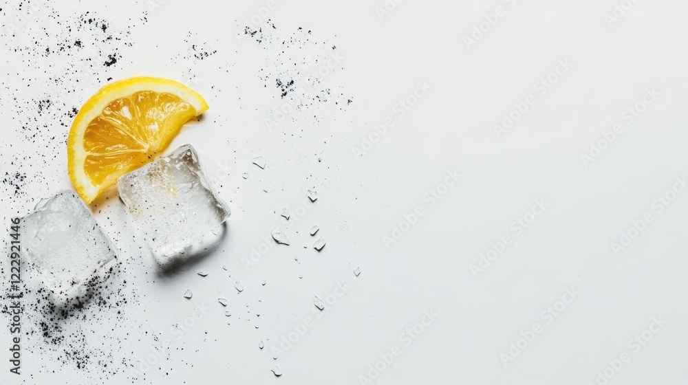 Poster Close up of ice cubes and lemon slice on white background with space for text featuring refreshing beverage concept