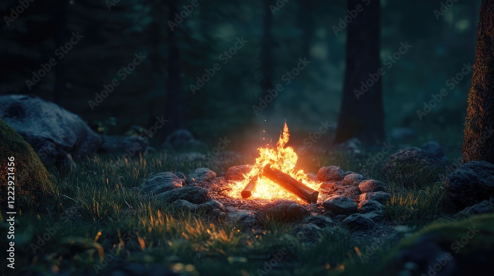 Poster Glowing campfire in a forest setting surrounded by rocks and grass ideal for outdoor tourism and nature-themed projects with empty space for text