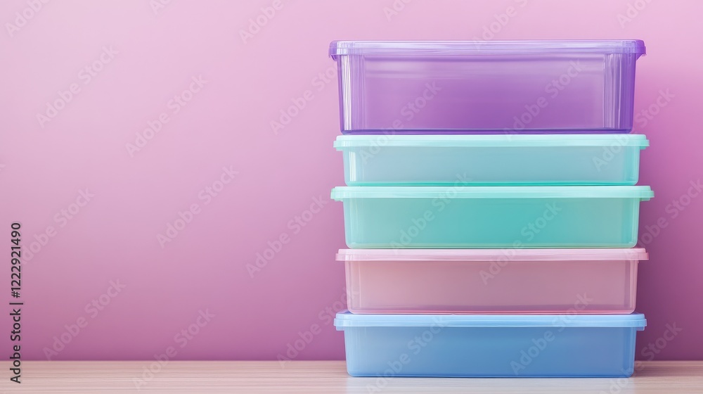 Poster stacked transparent plastic containers in vibrant colors against a pink background with empty space 