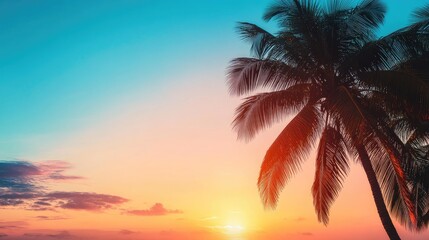 Tropical Sunset with Silhouetted Palm Trees Against a Colorful Sky for Relaxation and Vacation Themes