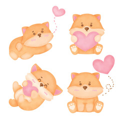 Set of Cute Watercolor Shiba Inu with Heart