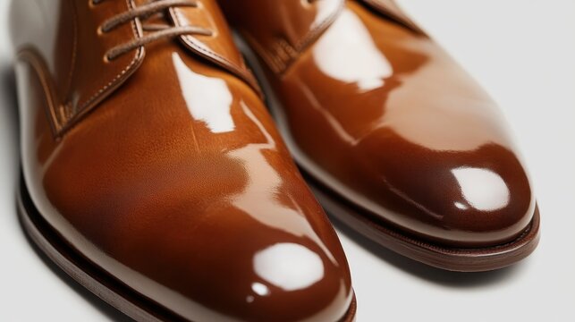 A close-up view of elegant brown leather dress shoes showcasing a polished surface, ideal for formal occasions or professional settings, reflecting sophistication.