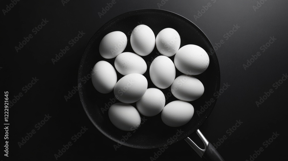 Poster Close up of a frying pan filled with fresh white eggs on a dark background with ample copy space for culinary text or recipe ideas
