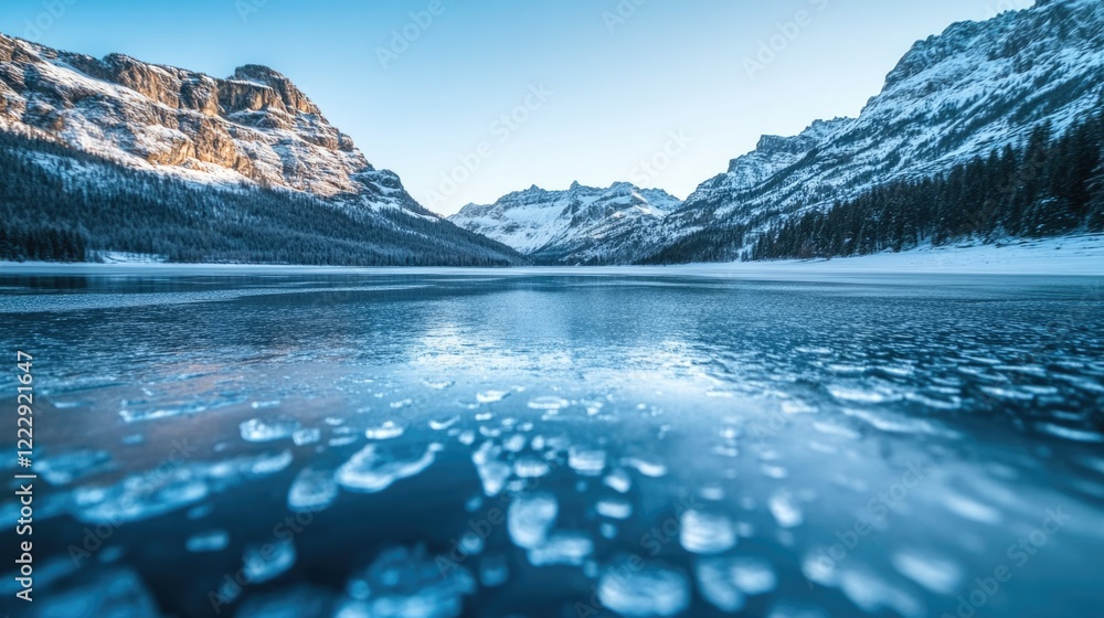 Poster textured ice on serene mountain lake reflecting snowy peaks with copy space for inspirational text