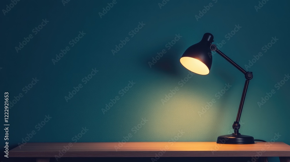 Poster elegant desk lamp emitting soft glow on wooden table against teal wall with ample empty space for co