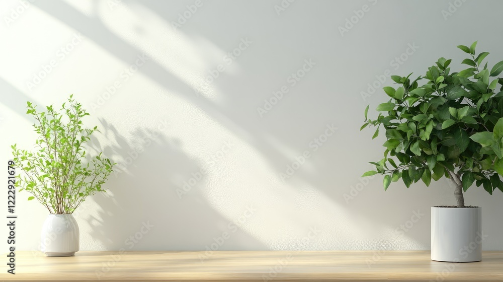 Poster modern workspace with greenery and stationery on wooden desk offering empty copy space for personali