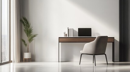 Fototapeta premium Modern Home Office Setup with Open Laptop and Minimalist Design Featuring Blank Workspace Ideal for Designers and Creative Projects