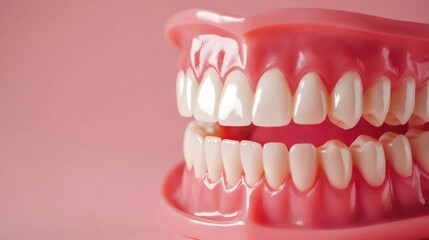 Fototapeta premium Close up of vibrant dentures showcasing bright white teeth on a soft pink background with space for promotional text or health messages