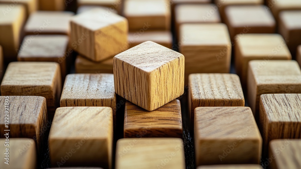 Poster wooden cubes arrangement with one distinct cube in center and copy space for text communication or c