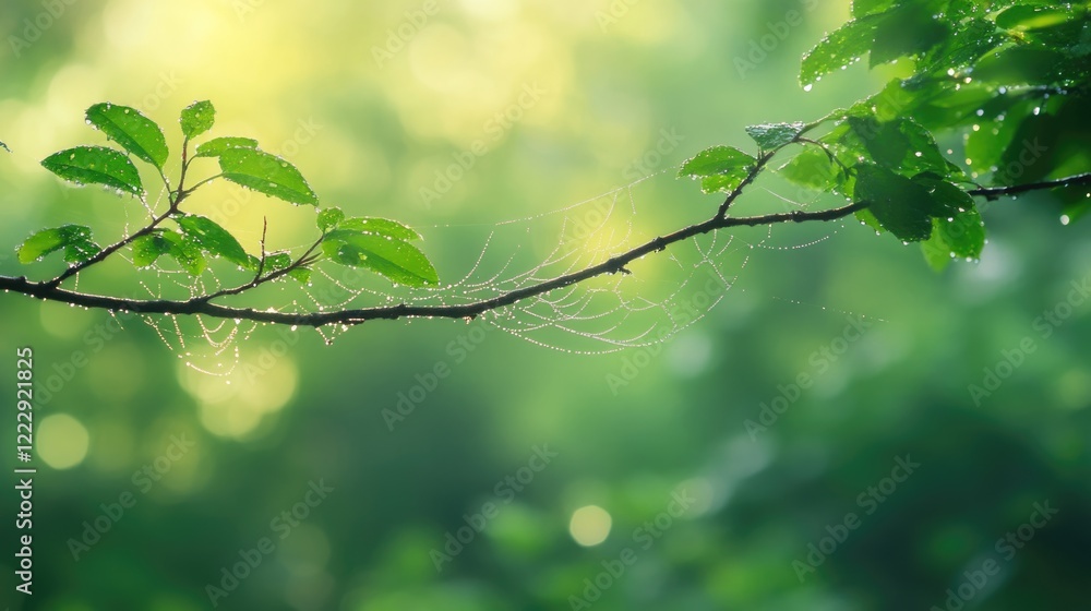 Aufkleber Close up of spider web on a tree branch surrounded by lush greenery with soft focus background and ample space for text overlay