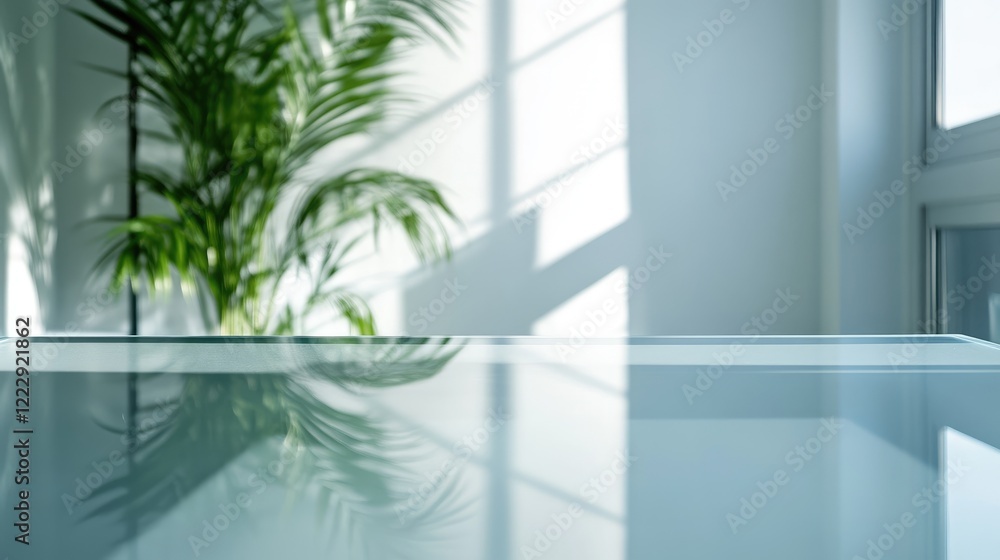 Poster modern workspace with reflection and natural light featuring empty copy space for personalization an