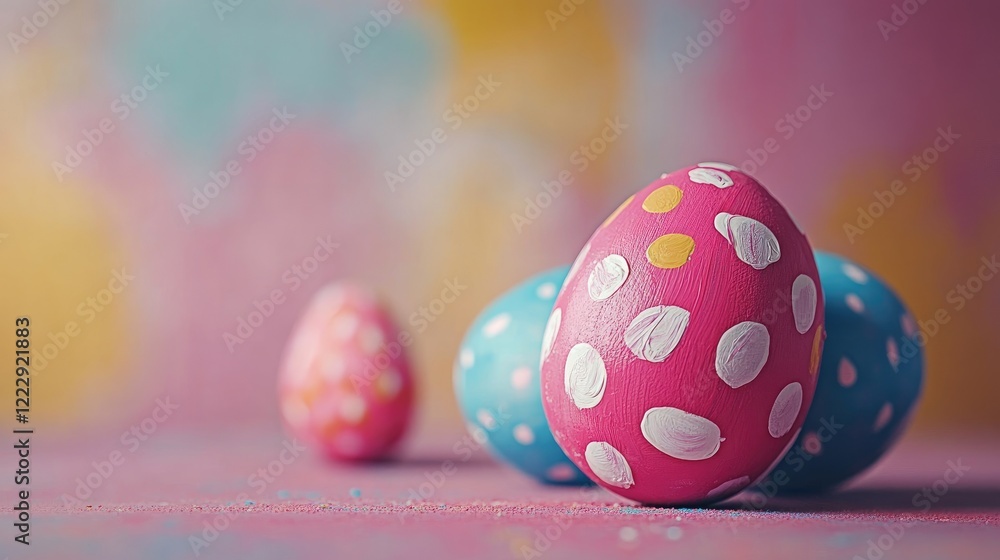 Poster vibrant hand painted easter eggs on colorful background with empty space for text or seasonal greeti