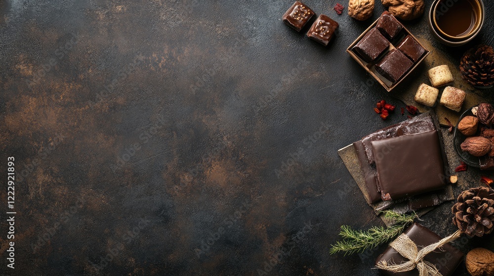Poster gourmet chocolate and nuts on rustic background with empty space for promotional text or special occ
