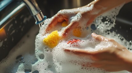 Fototapeta premium Hands washing dishes in a sink with sponges surrounded by soap bubbles and plenty of clear space for text or branding.