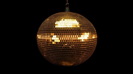 Obraz premium Illuminated disco ball rotating against a black background with space for text and design elements in a vibrant party atmosphere