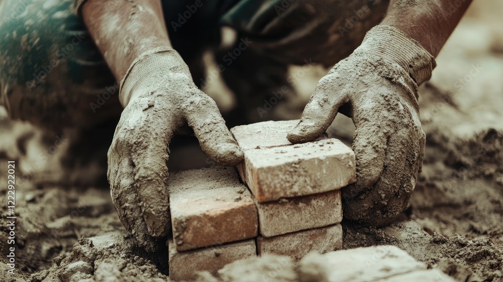 Poster close up of hands stacking bricks on construction site emphasizing durability with space for text hi