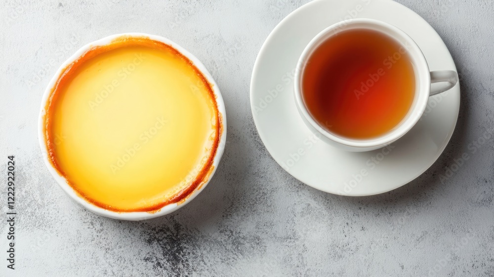Aufkleber creamy custard flan in white saucepan next to cup of tea with saucer empty space for text on gray ba