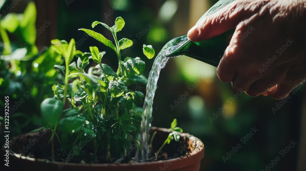 Poster hand watering a potted plant in natural light with focus on greenery and ample copy space for text o