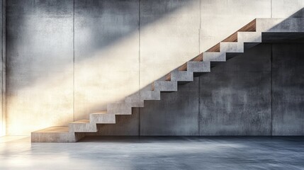 Modern minimalist interior showcasing concrete staircase with wooden accents illuminated by natural light in spacious designer loft environment.