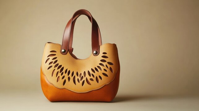 Stylish designer leather handbag with intricate cutout details in natural tones and ample space for personalized text or branding