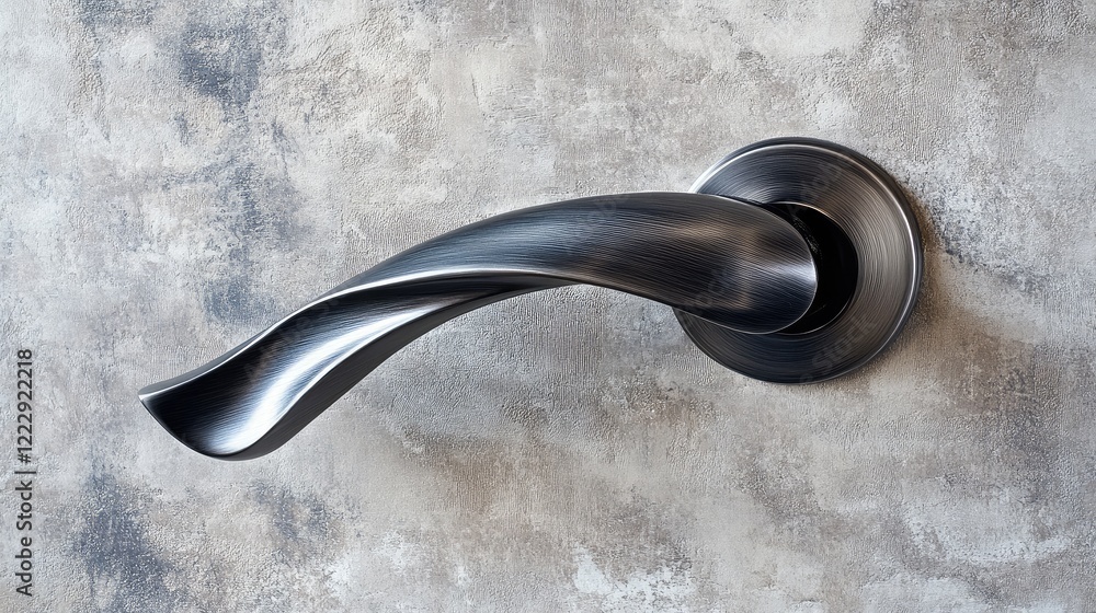 Poster Elegant grey metal door handle in close-up with smooth curves and textured background for showcasing design and decor concepts.