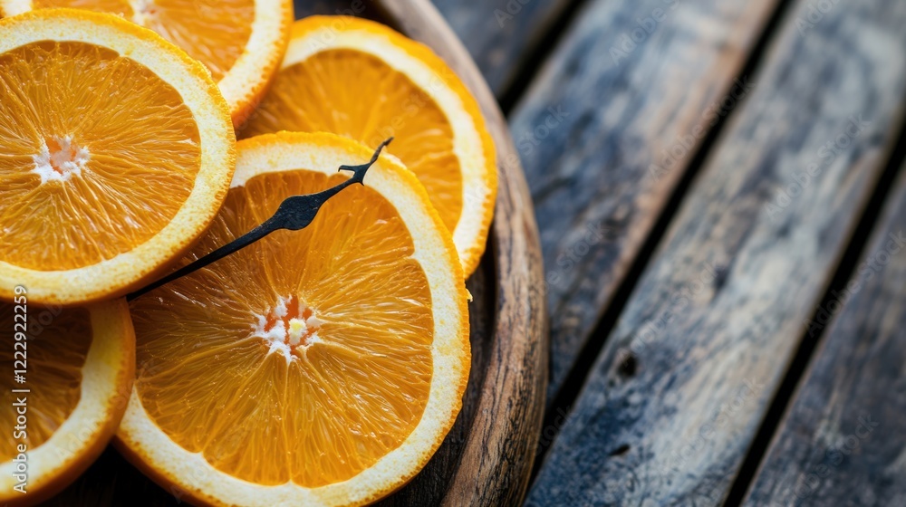 Poster Vintage Wall Clock Surrounded by Bright Orange Slices on Rustic Table with Empty Space for Text and Branding