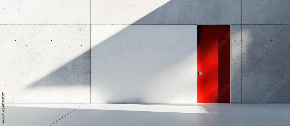 Poster abstract modern architecture featuring white concrete wall and striking red door in futuristic minim