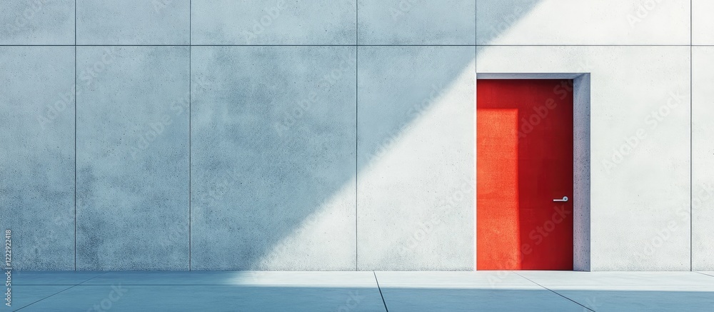 Poster futuristic minimalist studio with white concrete wall and vibrant red door featuring empty copyspace