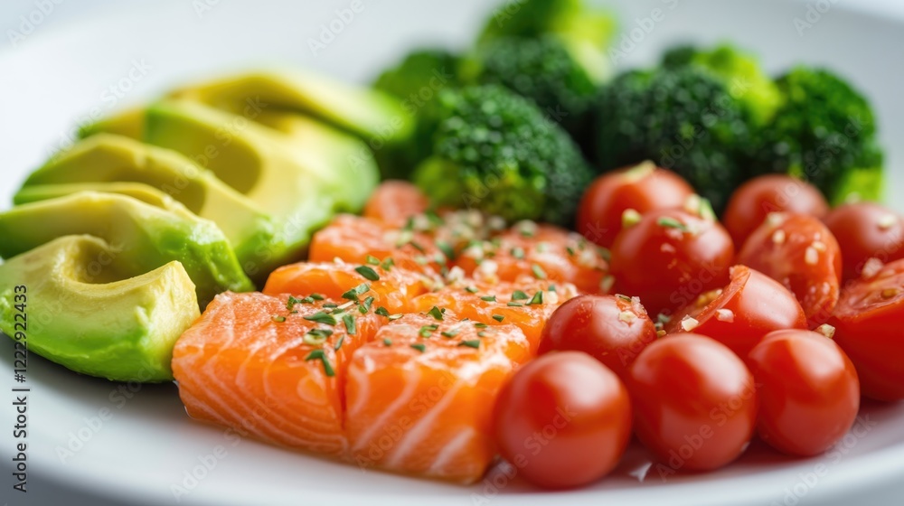 Poster Healthy meal close up with salmon avocado cherry tomatoes and broccoli on a plate with space for text or branding elements