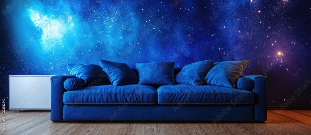 Poster scandinavian boho living room featuring a blue sofa and white sideboard against a cosmic mural with 