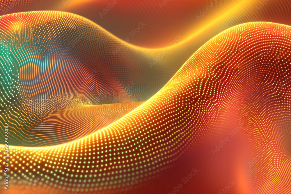 Poster abstract digital design with glowing orange lines and particles on a dark background