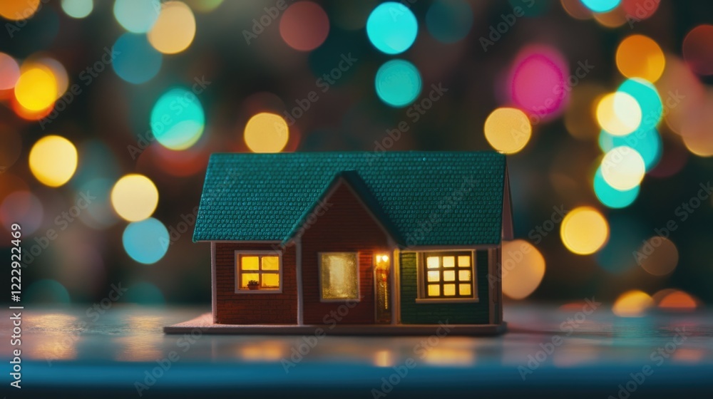 Poster Close up of a miniature house model with green roof illuminated against vibrant bokeh background and blank space for custom text overlay