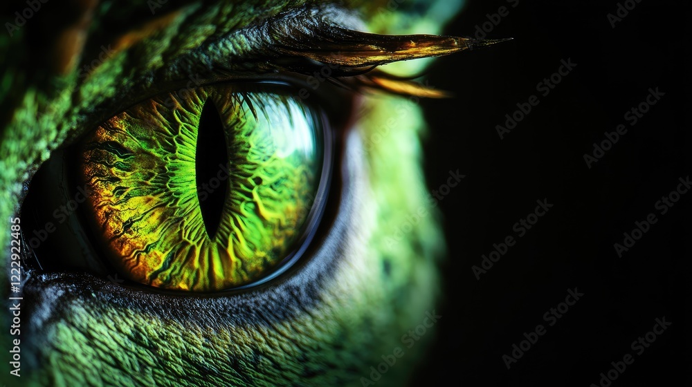Poster intricate close-up of a vivid green eye featuring a vibrant horizontal pupil against a dark backgrou
