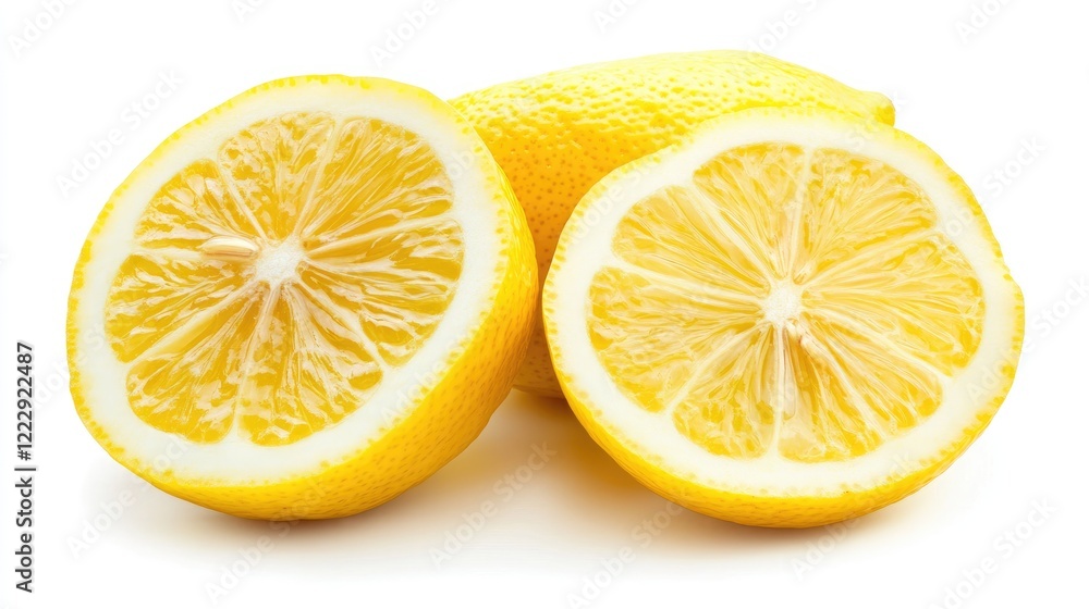 Poster fresh yellow lemon slices on a white background with ample space for text ideal for culinary, health
