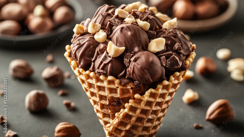 Poster close up of gourmet hazelnut praline chocolate waffle cone surrounded by nuts with ample space for c