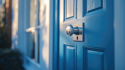 Close up of a modern door locking system on a vibrant blue door in a secure community highlighting safety and home security features