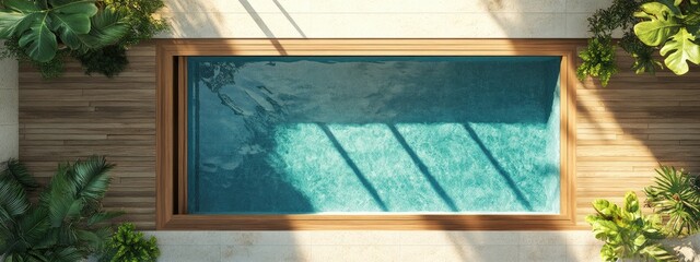 Sunlit Wooden Patio Doors Opening to Aerial View of Private Swimming Pool Surrounded by Greenery with Empty Space for Text