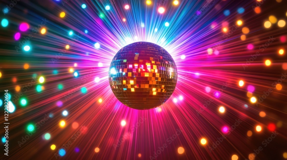 Poster vibrant disco ball illuminated by colorful lights with radial beams creating a festive atmosphere an