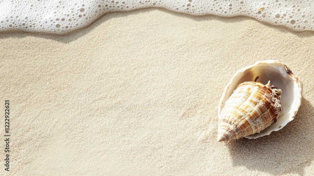 Poster Close up of a hermit crab in its shell resting on sandy beach with gentle ocean waves and empty space for text or advertising